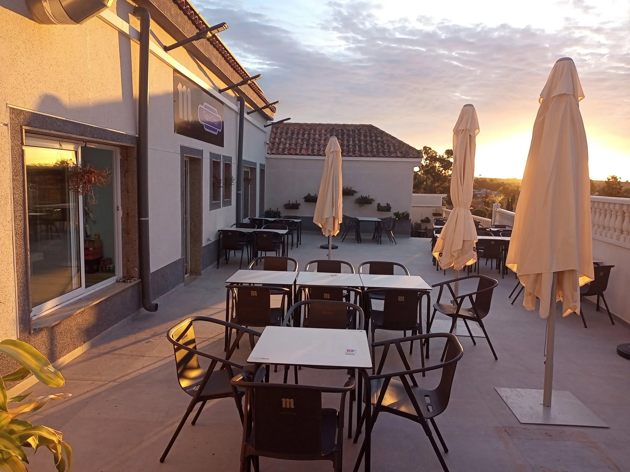 The terrace at Silverstones, Montebello, lit by the evening sun